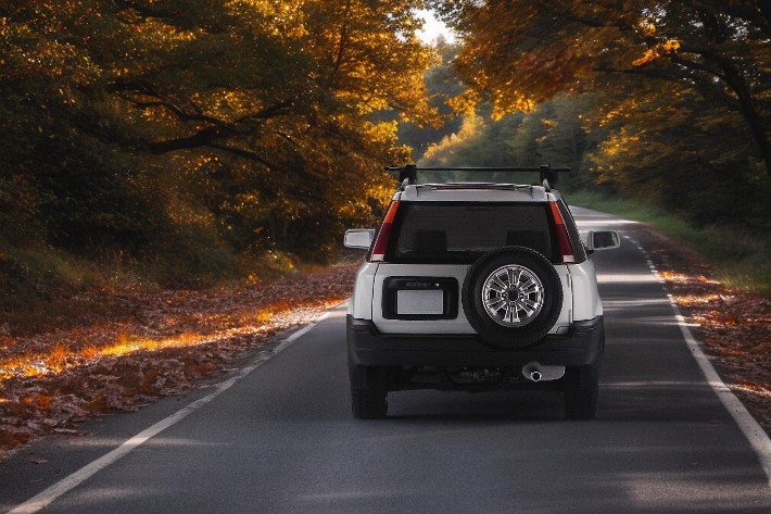 RHD Honda CR-V rear view on country road in fall
