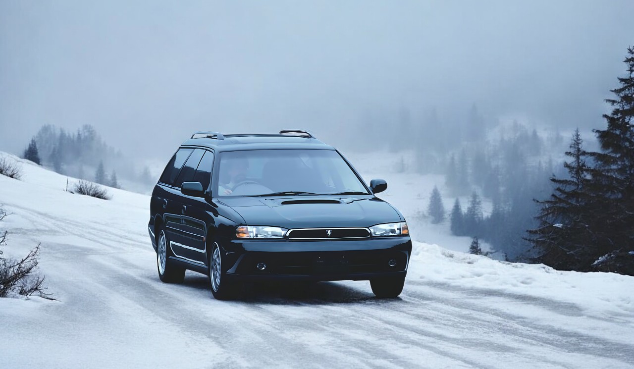 Second generation RHD Subaru Legacy Wagon driving in the snow